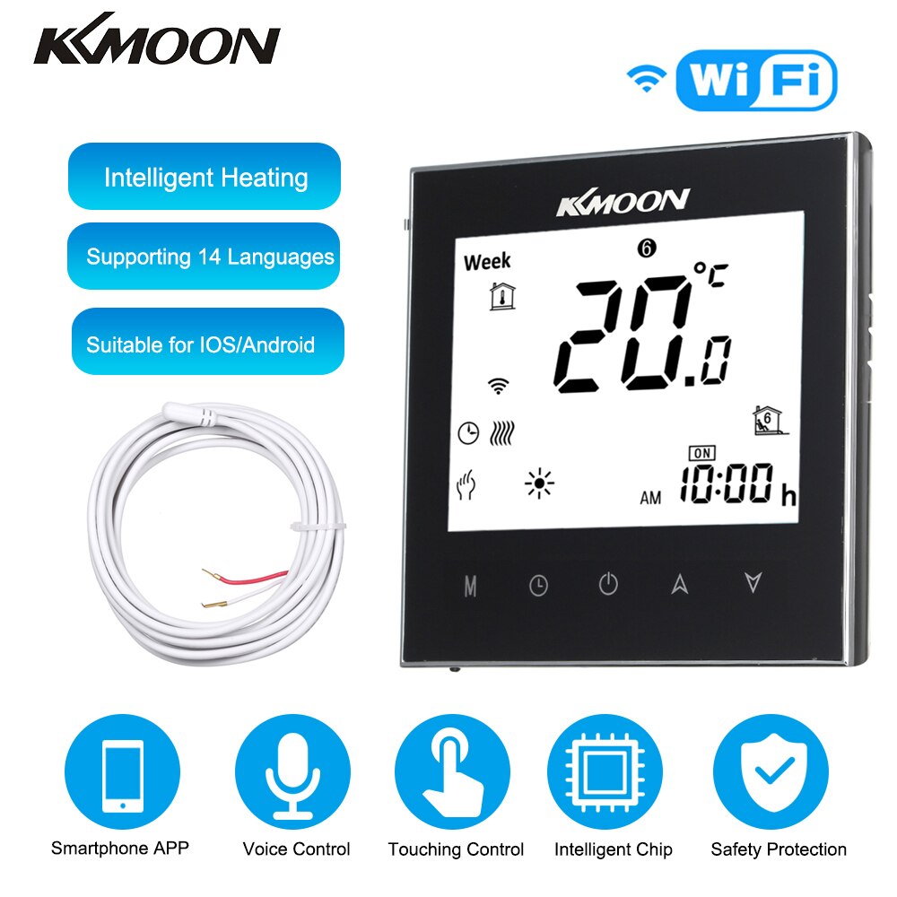 Kkmoon termostater digital gulv wifi opvarmningstermostat til varmesystem gulvluftsensor rumtemperaturregulator: Sort med wifi