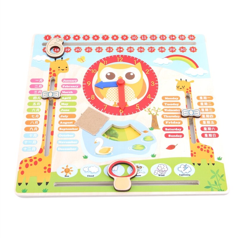 Kids Wooden Toy Children Early Learning Developmental Multifunction Wood Hanging Clock Including Calendar Clock Month Weather