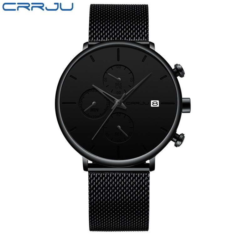 Crrju ur herre vandtæt slim mesh rem minimalistiske armbåndsure til mænd quartz sportsur ur relogio masculino: 2268- sorte