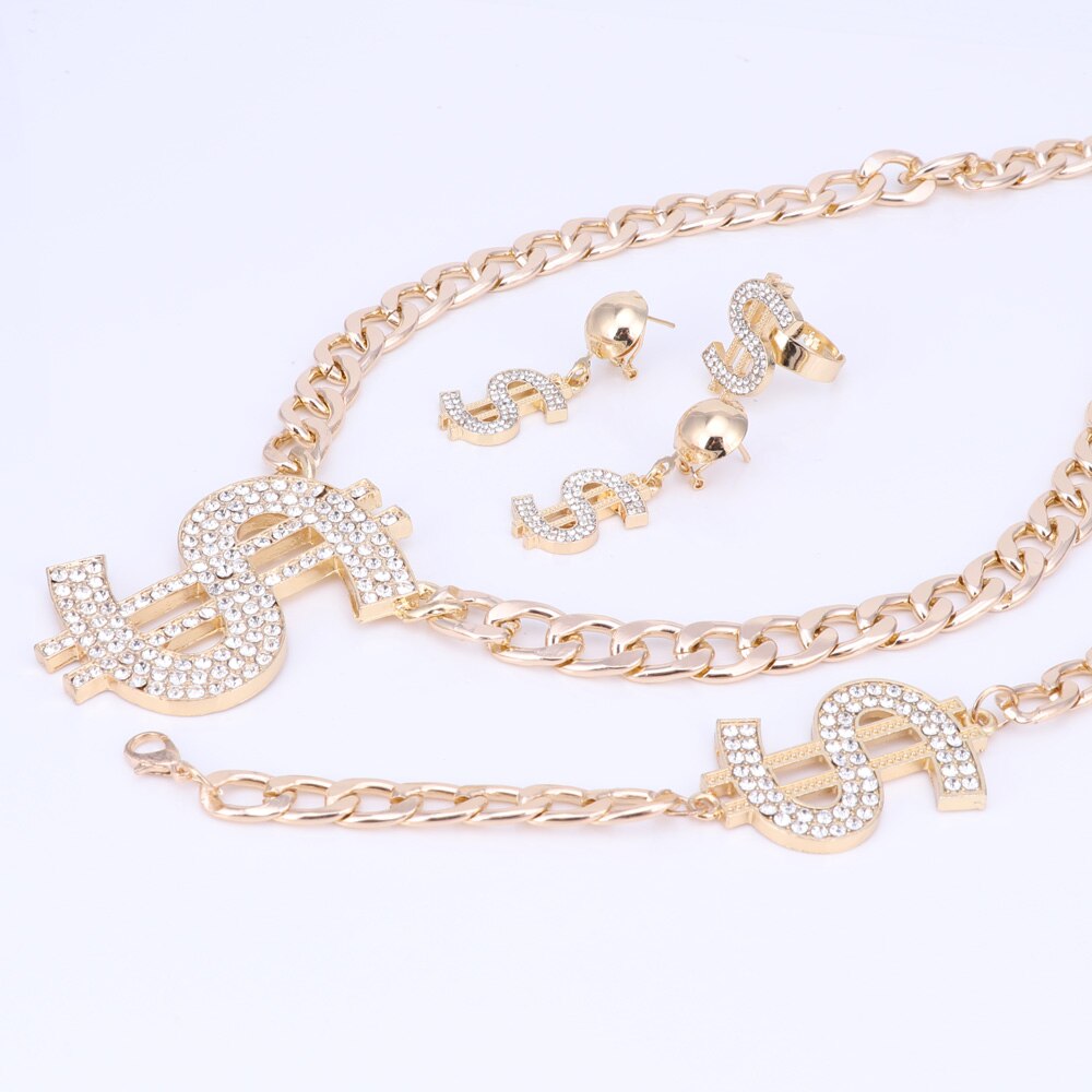 Goud Kleur Hip Hop Bling Bling Dollar Sign Hanger Sieraden Set Dollar Met Strass Hanger Ketting Oorbellen Ring Armband