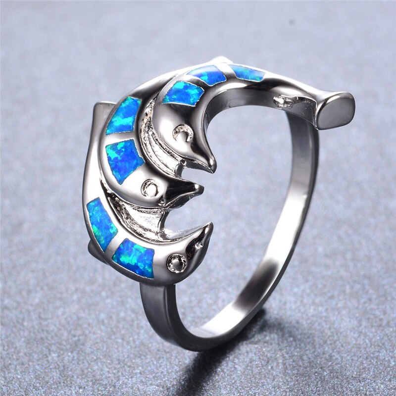 Unico anello animale a tre delfini anello di fidanzamento in pietra opale blu bianco anelli di nozze Color argento alla moda per gioielli da donna oceano
