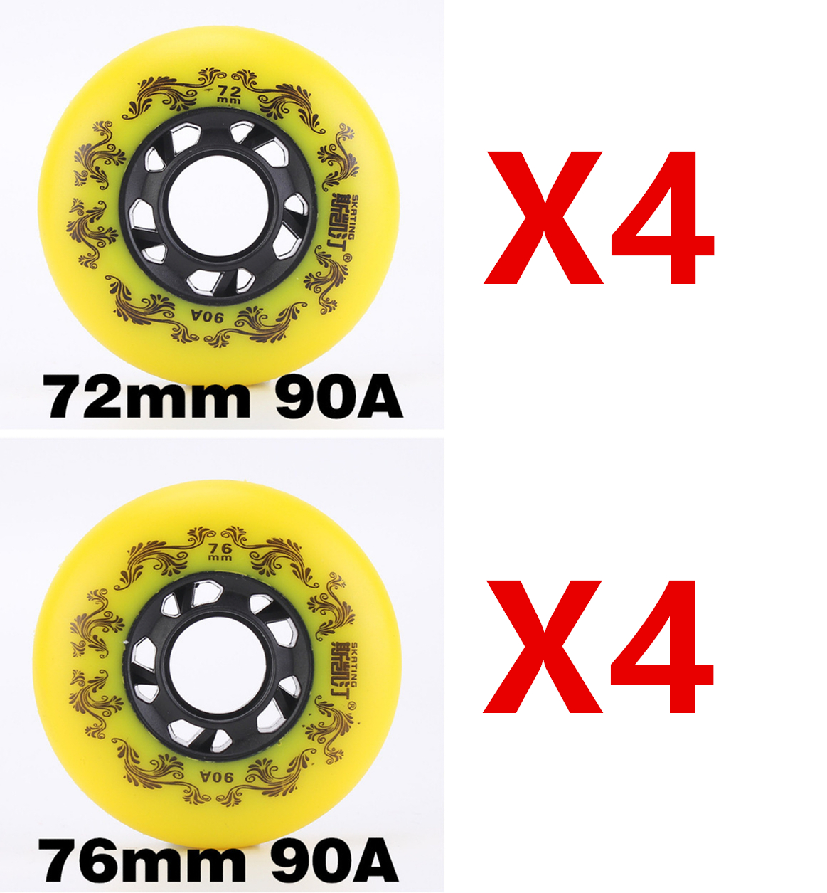Ruedas para patines en línea, color blanco/amarillo, 90A, neumático duradero de estilo libre, 72mm, 76mm, 80mm, patín Seba, rueda de hoja de repuesto, 8 Uds.: YELLOW