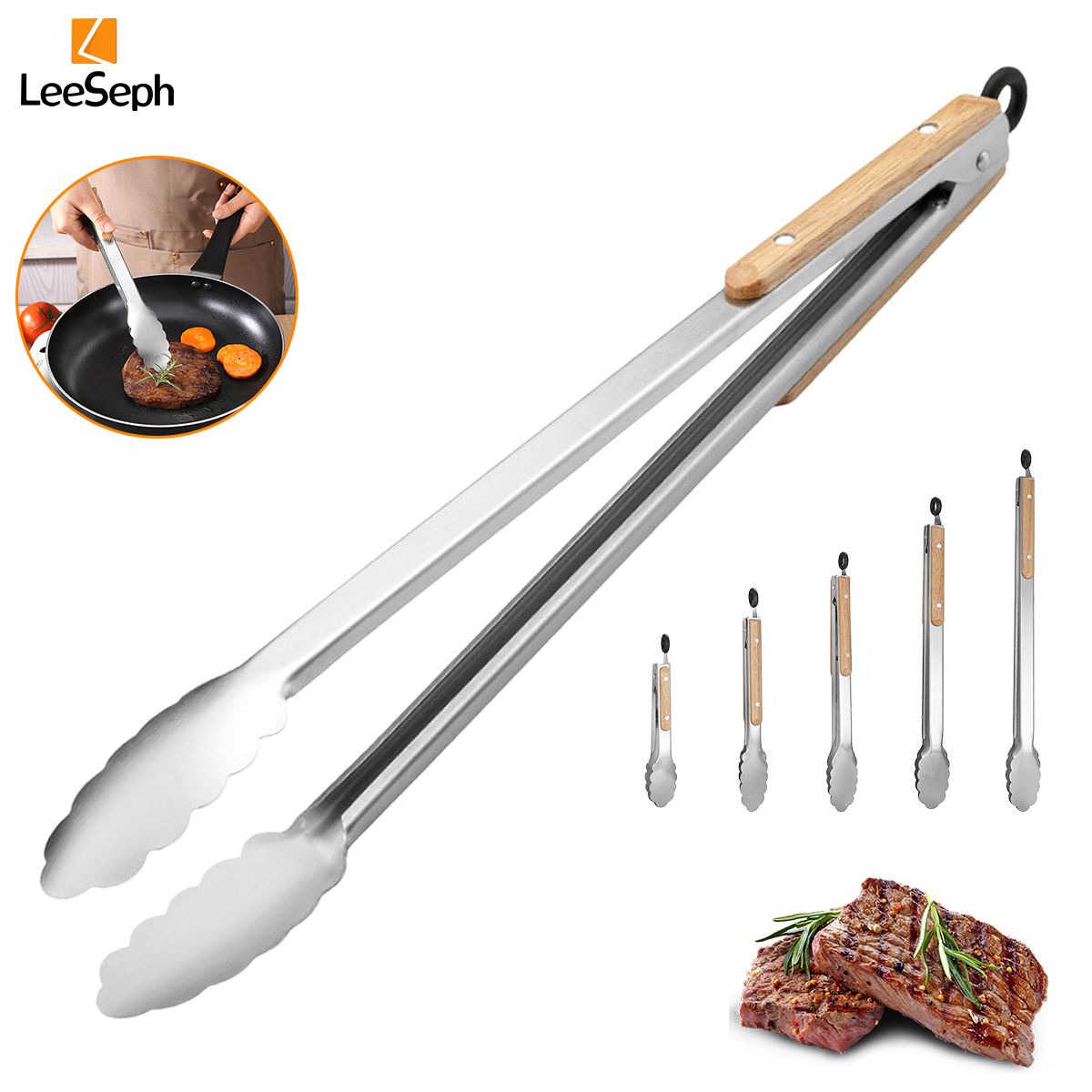 Pince de cuisson en acier inoxydable avec poignée en chêne, pince à salade avec anneau de verrouillage, gadget de cuisine pour barbecue à salade