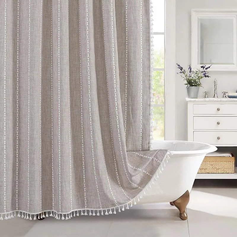 Cortina de ducha impermeable de lino Jacquard, cortina de baño a prueba de moho de estilo Pastoral a cuadros pequeños y frescos: 180 x 230 cm / Castaño