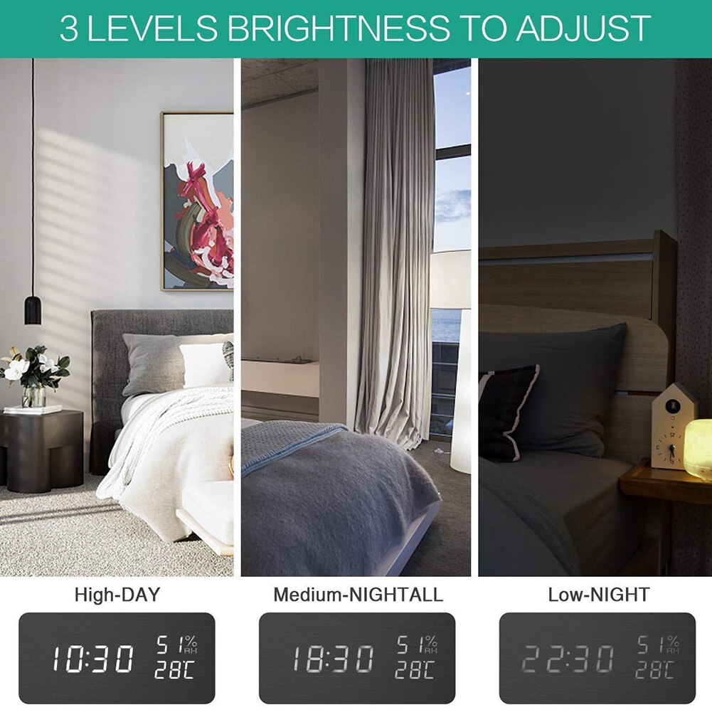 Home Wood Block LED Digital Clock Night Lights Smart Adjustable Multifunction Electronic Alarm Clocks Desktop Clocks