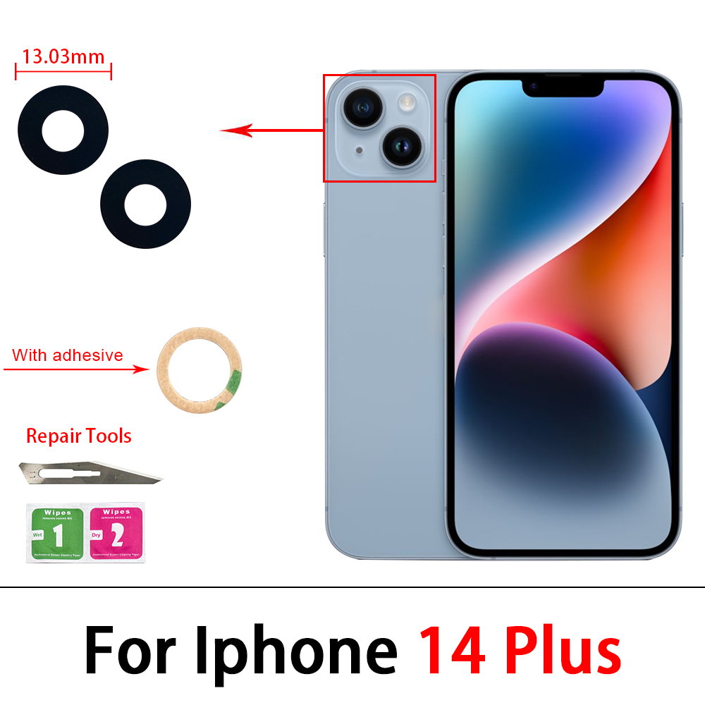 2Pcs，Rear Back Camera Glass Lens For IPhone 15 14 Plus 13 12 mini 11 Pro Max Camera Glass With Glue Adhesive Sticker Repair Tool: Orange