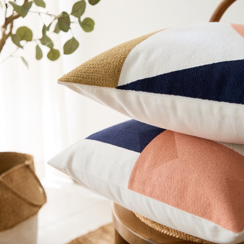 DUNXDECO Kussenhoes Taille Decoratieve Kussensloop Abstracte Artistieke Eenvoudige Geometrische Katoenen Draad Borduurwerk Beddengoed Coussin