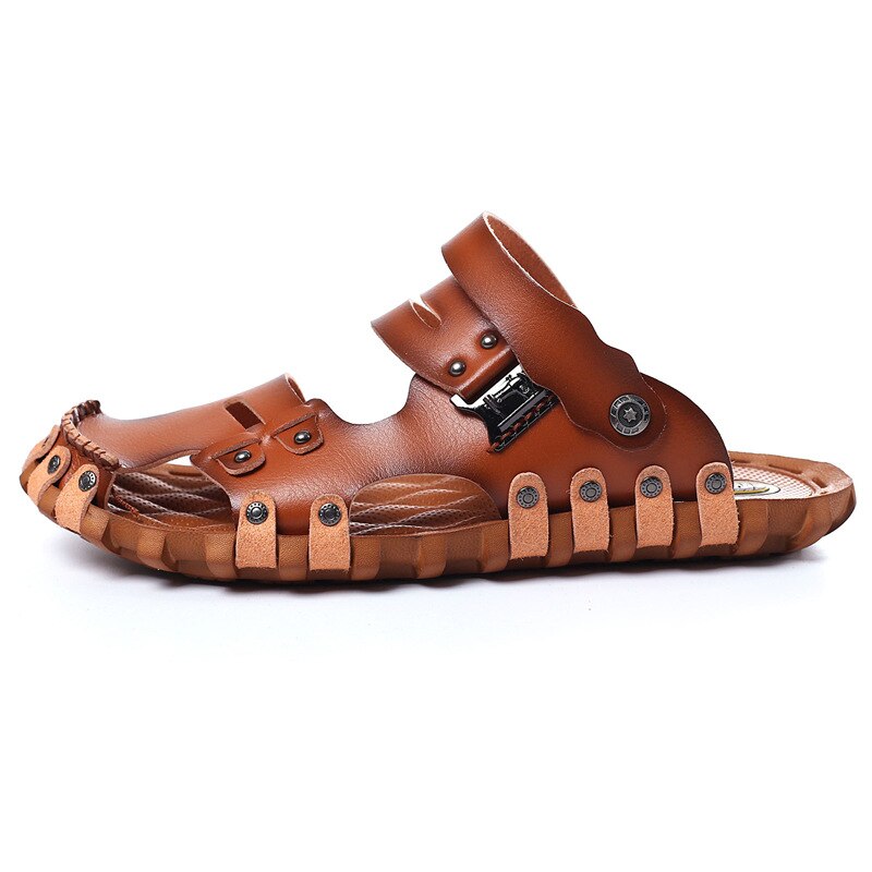 Dadijier stil mand sandaler afslappet flade hæle spilit læder mandlige retro strand tøfler herre romerske sommersko  st96: Brun / 7.5