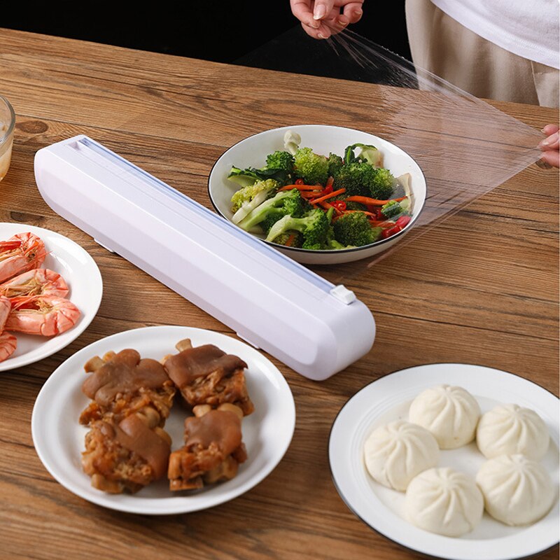 Reusable Plastic Wrap Dispenser Food Cling Film Box with Cutter Preservative Film Cutting Kitchen Storage Organizer Tool