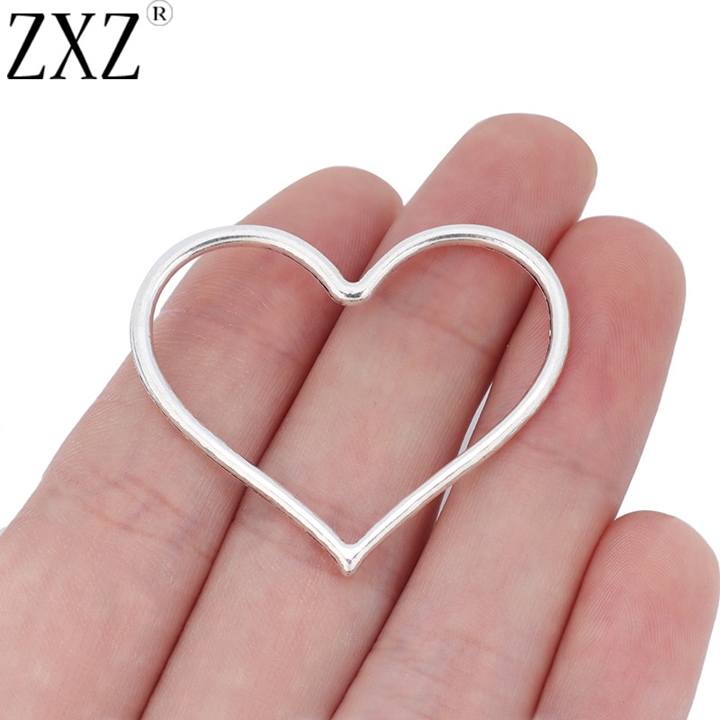 Zxz pingente de coração aberto de prata, 10 pçs, grande, 2 lados, para fazer jóias, achados, 44x mm