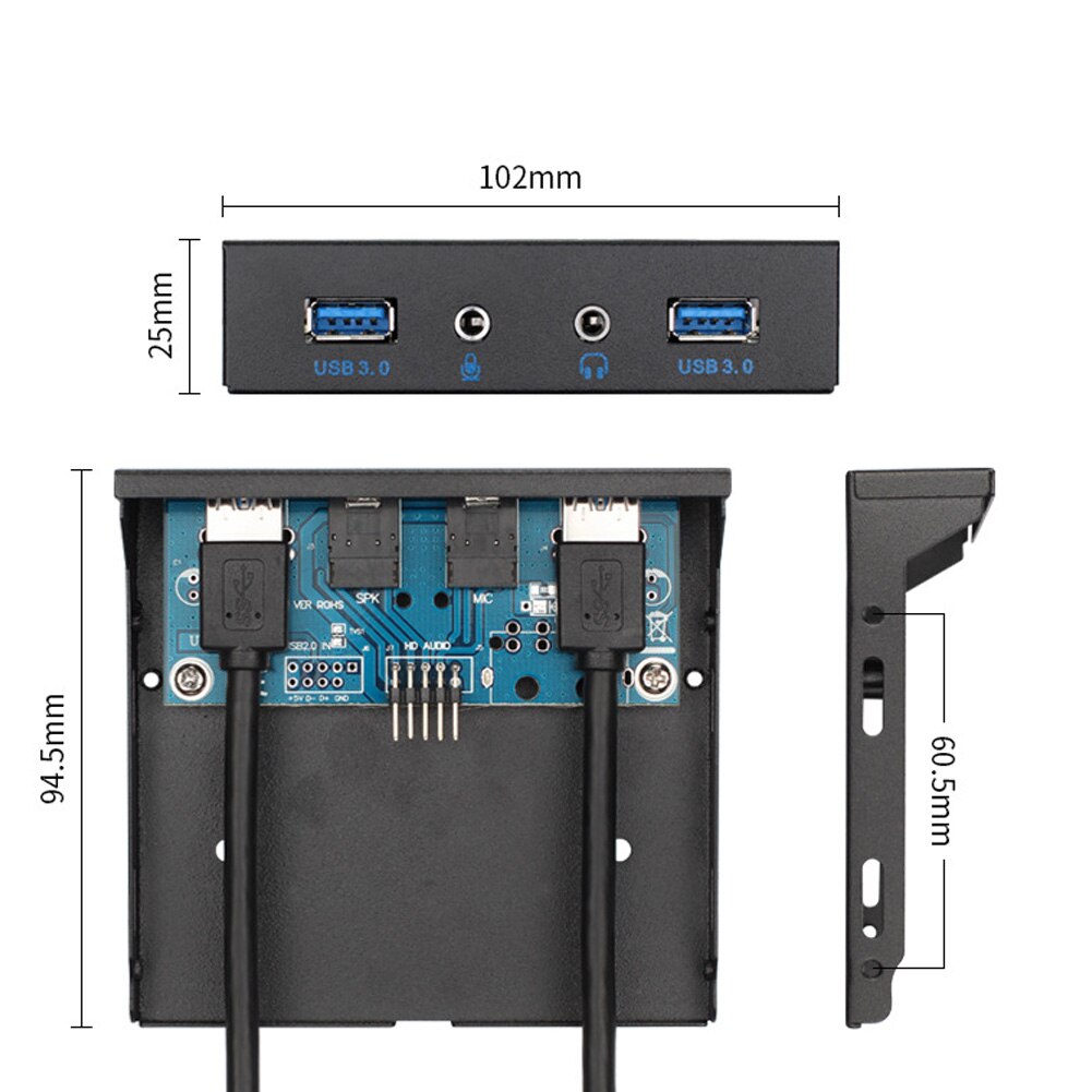 USB 3.0 2 Port 3.5 Inch Metal Front Panel USB Hub with 1 HD Audio Output Port 1 Microphone Input Port for Desktop