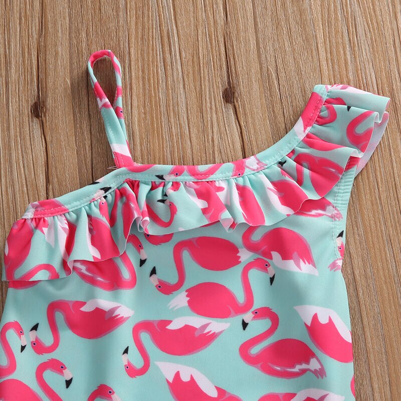 Toddler børn piger sød lyserød flamingo print flæse en skulder heldragter tegneserie strandtøj badedragter badedragter