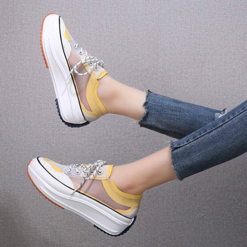 Sneakers Vrouwen Wit Sneakers Neon Geel Chunky Schoenen Zomer Snoep Kleuren Platform Hoge Super Mesh Wedge Schoenen