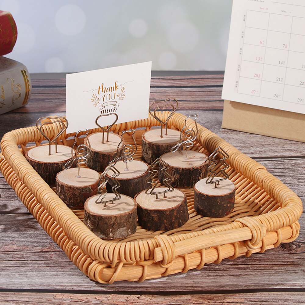 2PCs Wooden Photo Stand Memo Name Cards Holder Retro Wood Bark Cartoon Clips DIY Photo Iron Clip Wedding Party Christmas Decor