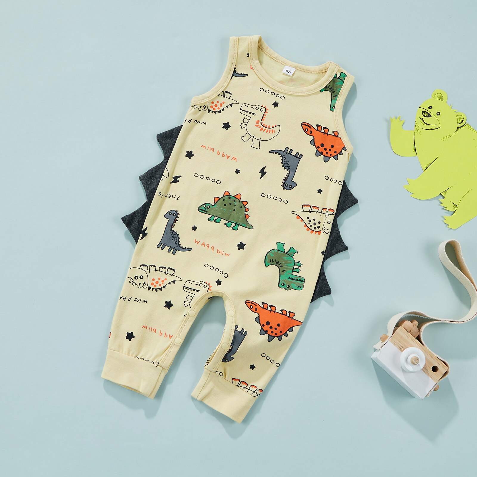 Macacão infantil do dinossauro do menino do bebê, animais dos desenhos animados sem mangas imprimir macacão macacão verão macacões