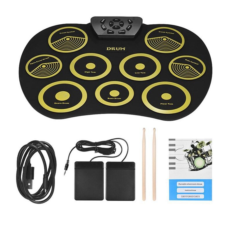 Juego de batería electrónica portátil, Kit de batería enrollable, 9 almohadillas de silicona alimentadas por USB con pedales de pie, baquetas, Cable USB