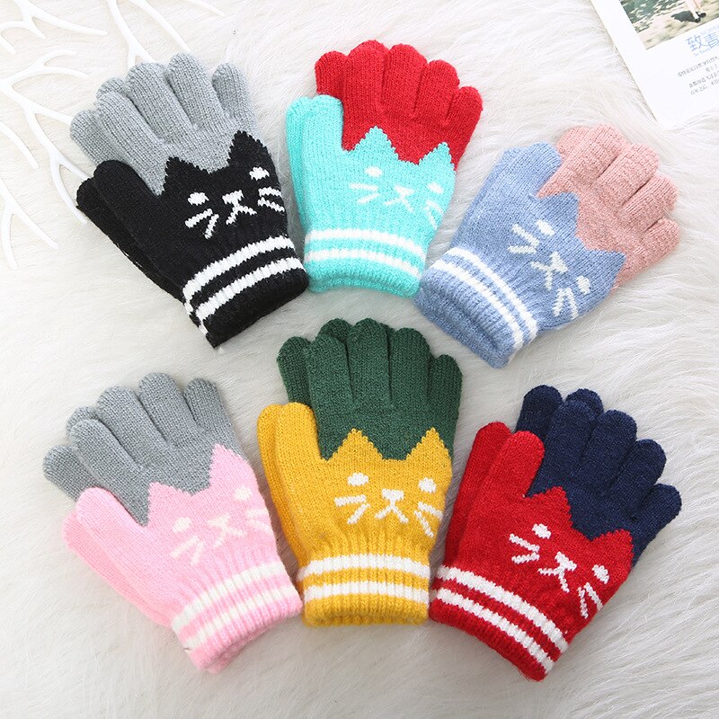 Kinderen Kids Winter Warm Thicken Patchwork Handschoenen Leuke Kat Wanten Imitatie Kasjmier Vinger Handschoenen Voor 4-8Y