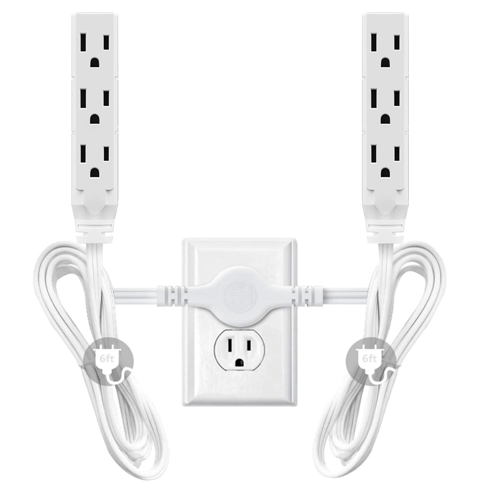 12 FT Twin Extension Cord Power Strip with 6 AC Outlet 3 Prong Plug Extender Double Electric Extension Cable Wire Splitter 16AWG: WHITE