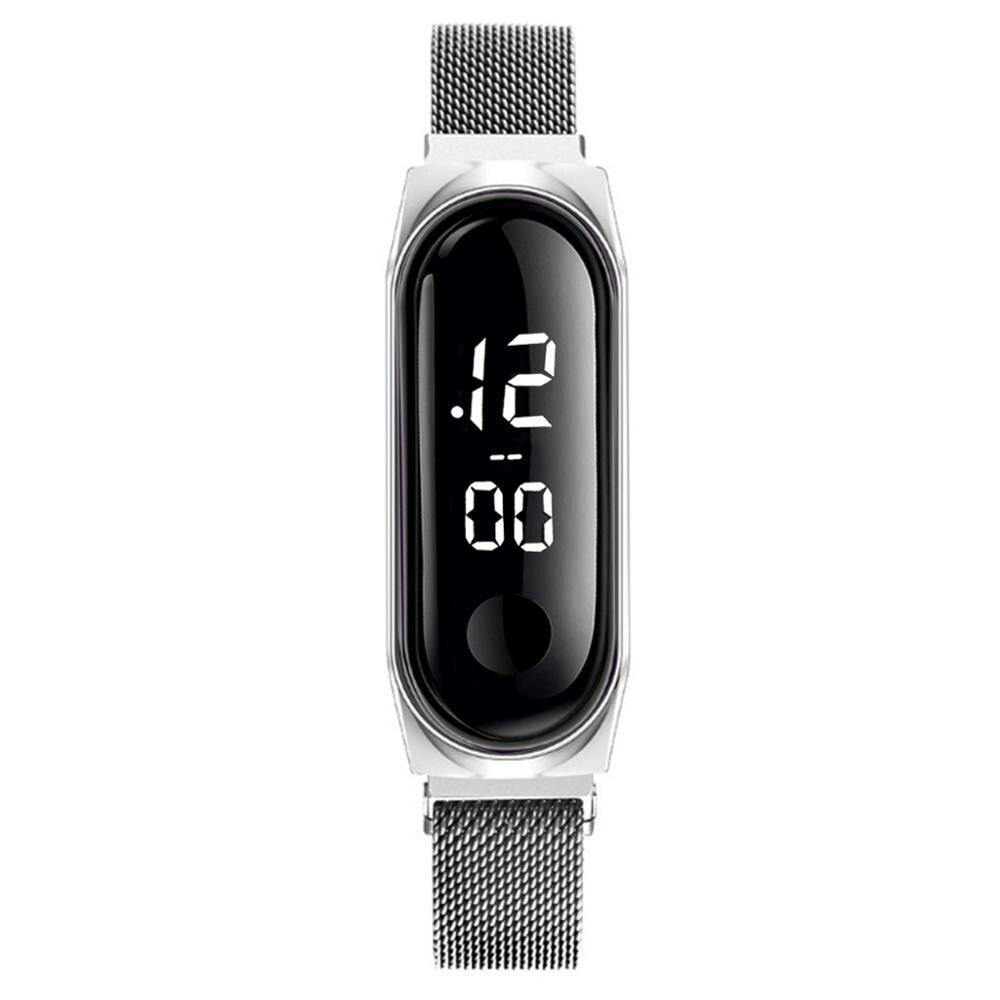 Correa de Metal de acero inoxidable para hombres y mujeres, relojes deportivos electrónicos LED, reloj de lujo para vestir, reloj Digital para mujeres y mujeres: Silver