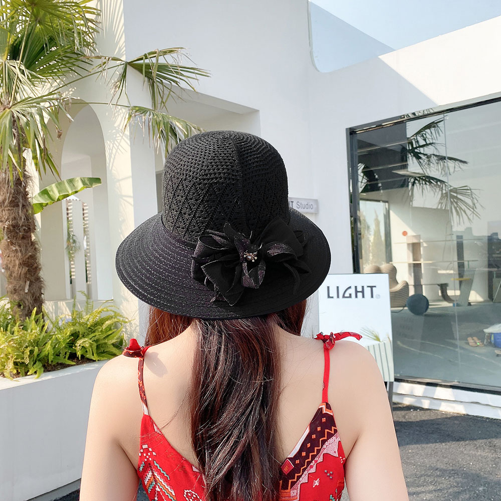 Sombrero de paja con ventilación para mujer, sombrero de paja con visera para senderismo, Accesorios de playa: Negro
