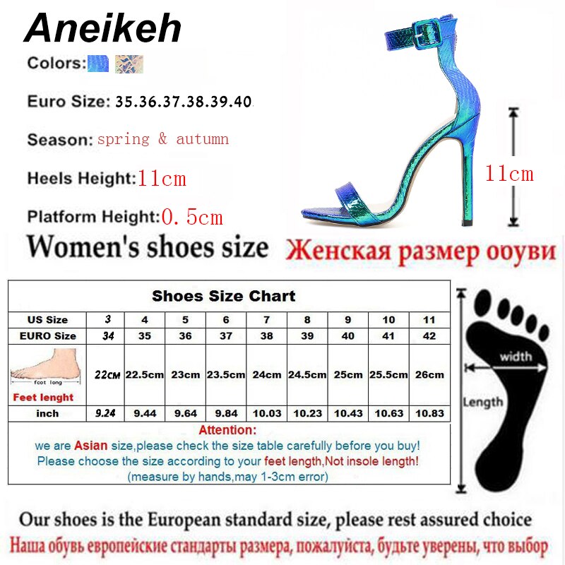Aneikeh PU Women Shoes Thin High Heels Sandals Ankle Buckle Strap Sandals Pumps Party Dress Silver Blue Size 35-40