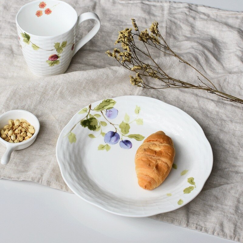 Bone China Plate Steak Plate Western Plate 8 Inch Japanese and Korean Style Orchard Relief Mat Pattern Rice Plate