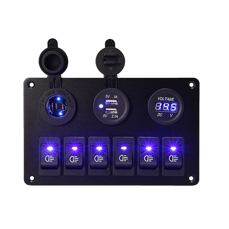 12V 6 Gang Auto Blauwe Led Circuit Rocker Switch Panel Dual Usb Charger Marine Boot Rocker Switch Control Panel set