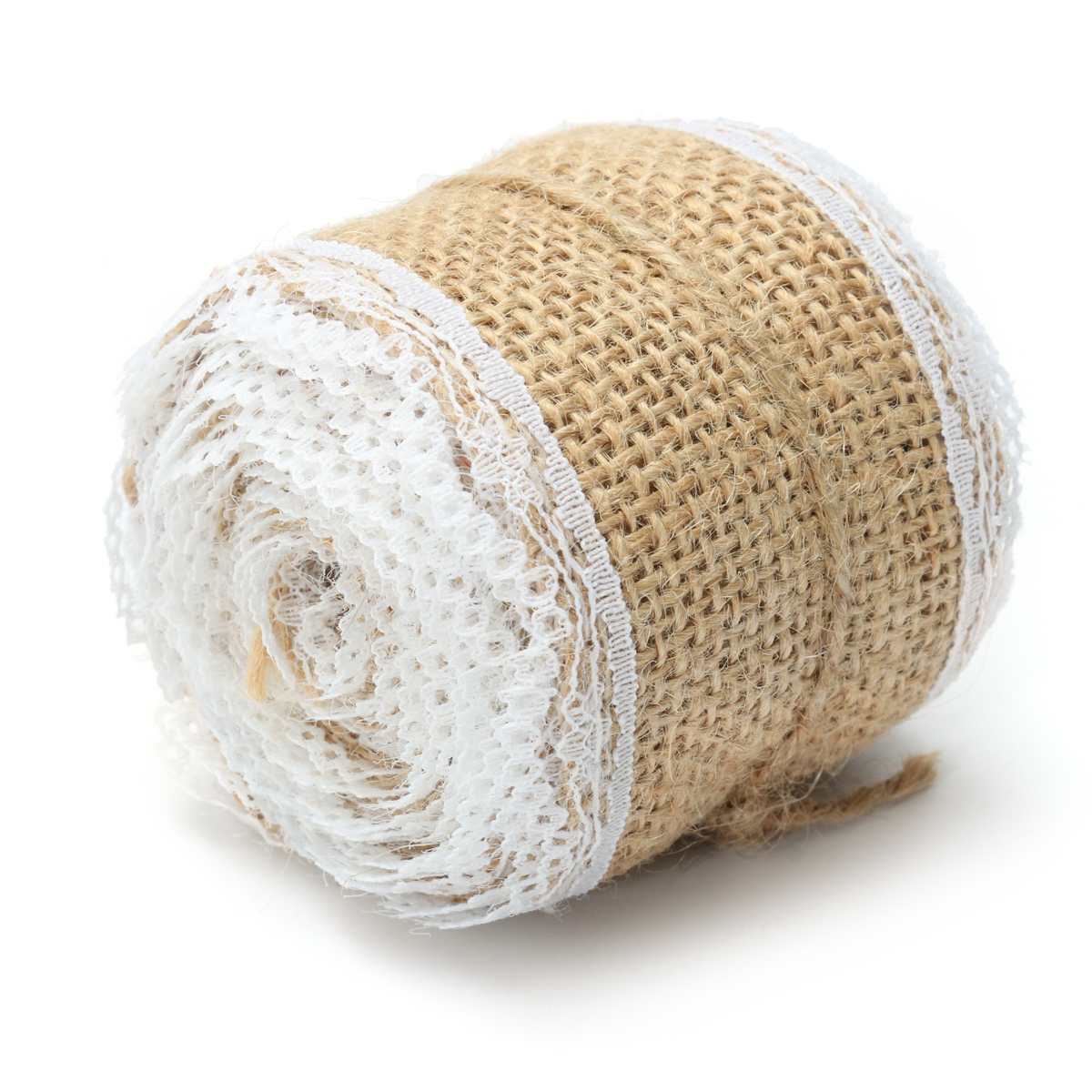 2Pcs 5Cm X 200Cm Natuurlijke Jute Jute Roll Wit Kant Hessische Trim Tafelloper Bands Rusticity Bruiloft decor Diy Craft