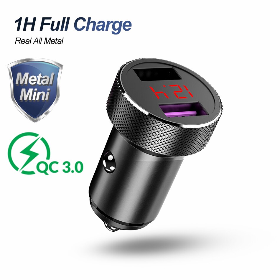 QC 3.0 Metal Dual USB Phone Car Charger LED Digital Display For iPhone Xiaomi Samsung Huawei Quick Charging Voltage Monitoring: Metal QC3.0 Black