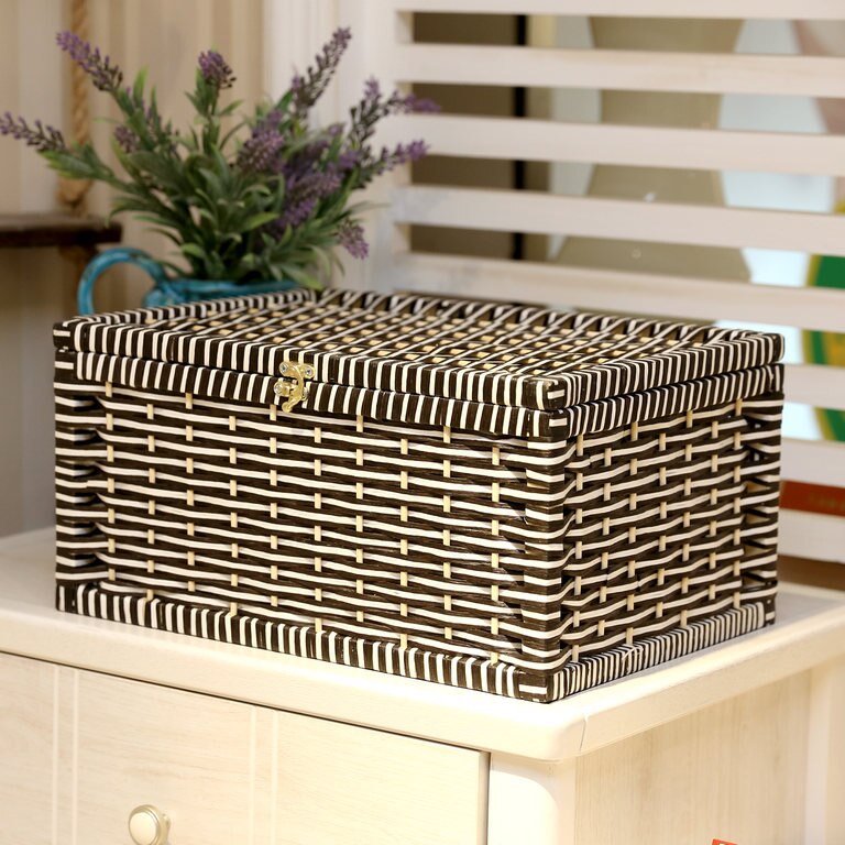 Rattan Weaving Storage Box with Lid Household Desktop Debris Storage Box Living Room Snacks Bedroom Clothing Storages Basket: M  36x25x17cm / a5
