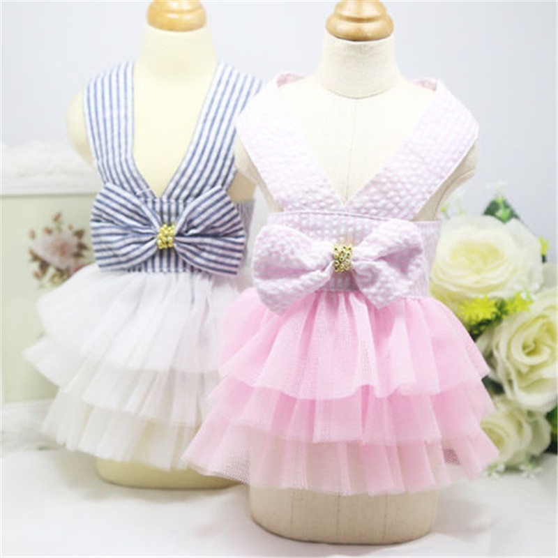Vestido de tutú para cachorros, ropa de princesa con estampado de rayas de gasa de red y lazo para perros y gatos, novedad