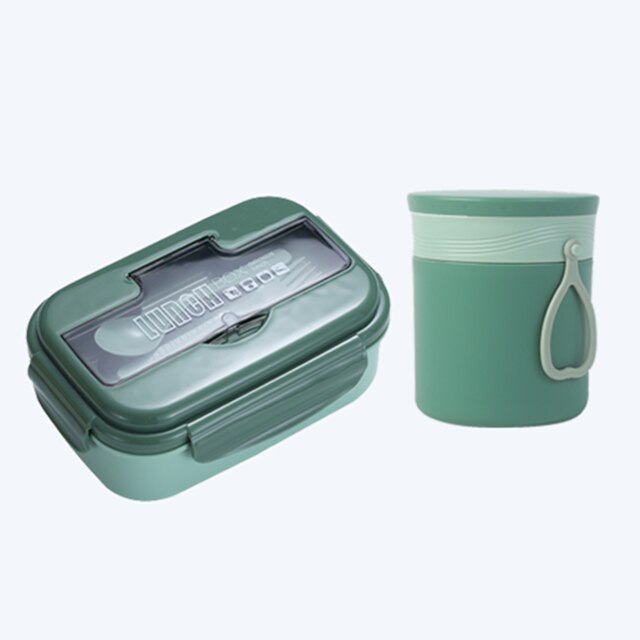1100ml Healthy Material Lunch Box With Soup Cup Leak-Proof Microwave Bento Box Dinnerware Set Food Storage Container: Geen Set