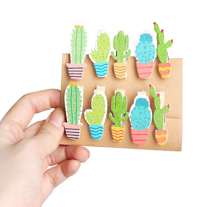 10 Stks/partij Mini Cactus Houten Clips Foto Clips Houten Clip Diy Foto Muur Decoratie Clip Craft Pinnen Met Hennep Touw