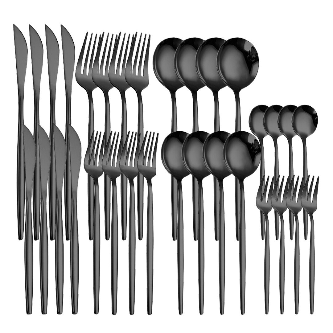 Pink Gold 32Pcs Cutlery Set Stainless Steel Dinnerware Mirror Resueable Luxury Home Knife Spoon Fork Tableware Set Flatware Set: black 4sets
