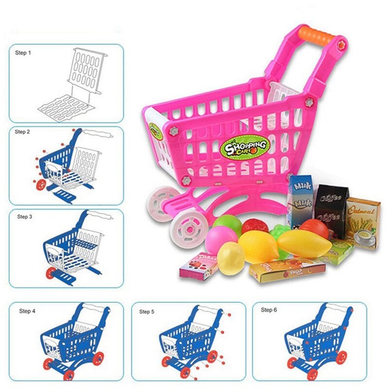 1Set Kids Simulation Supermarket Shopping Cart Mini Trolley With Fruit Vegetable Pink