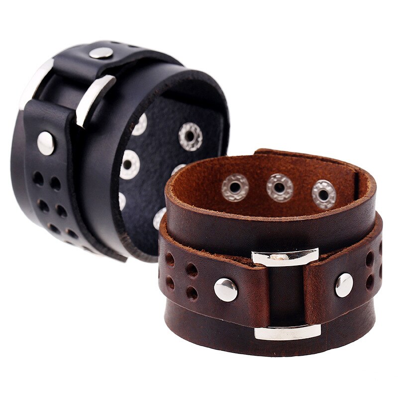 Doppel Breiten männer Leder Armbänder Vintage Punk Große Manschette Seil Armband für Frauen Schmuck Hand Band Braun