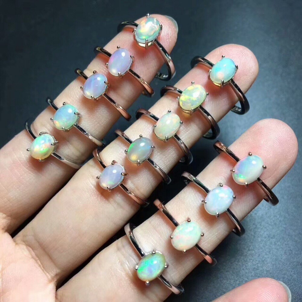 Free Box White Fire Opal 5*7mm Purple stones Jewelry Women Opal Ring Size