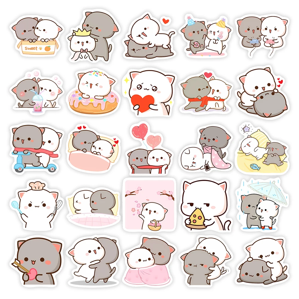 Mignon Couple chat autocollants dessin animé Kawaii bricolage décalcomanie gribouillis pour Scrapbook Skateboard bagages téléphone autocollants imperméables
