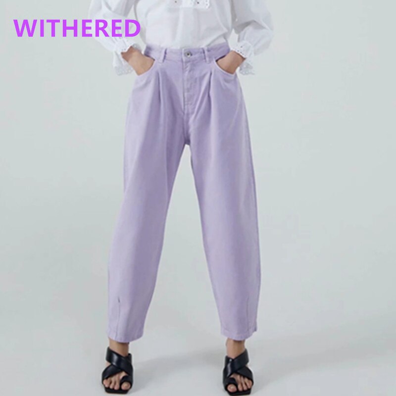 Jenny &amp; Dave Boyfriend Jeans Vintage Lichtgroen Effen Losse Mom Jeans Vrouw Hoge Taille Jeans Geplooide Raap Denim Broek voor Vrouwen: Lavendel / 36