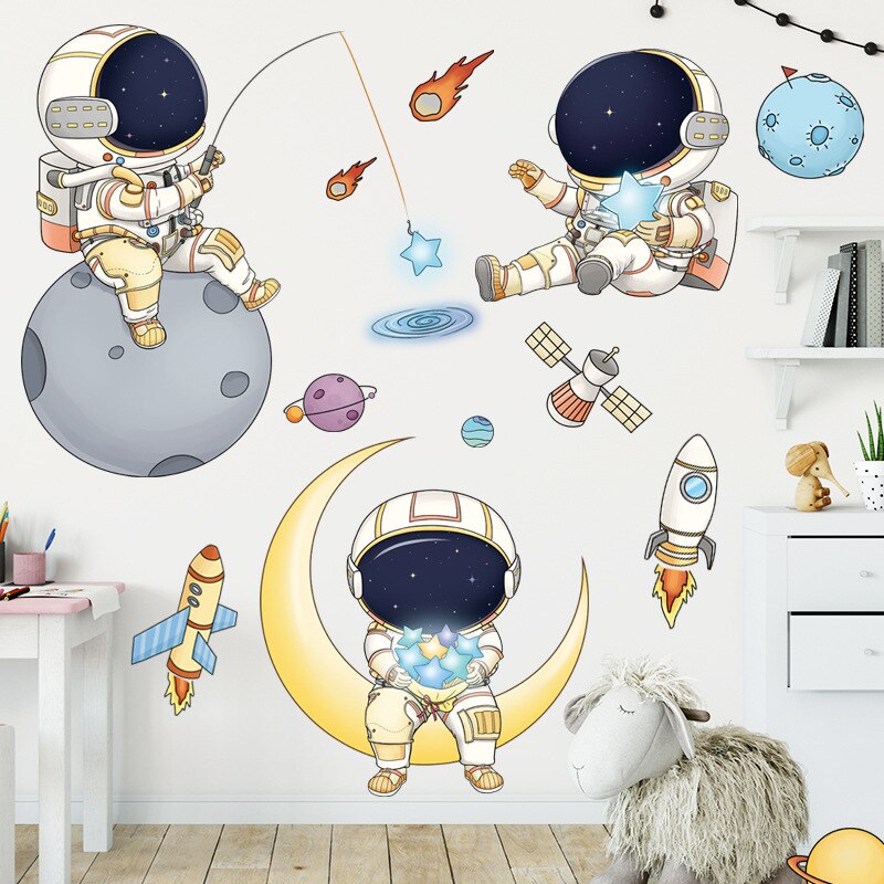 Muurstickers, Leuke Cartoon Ruimteschip Planet En Astronaut Zelfklevende Muurstickers Voor Kinderkamer Slaapkamer Decoratie