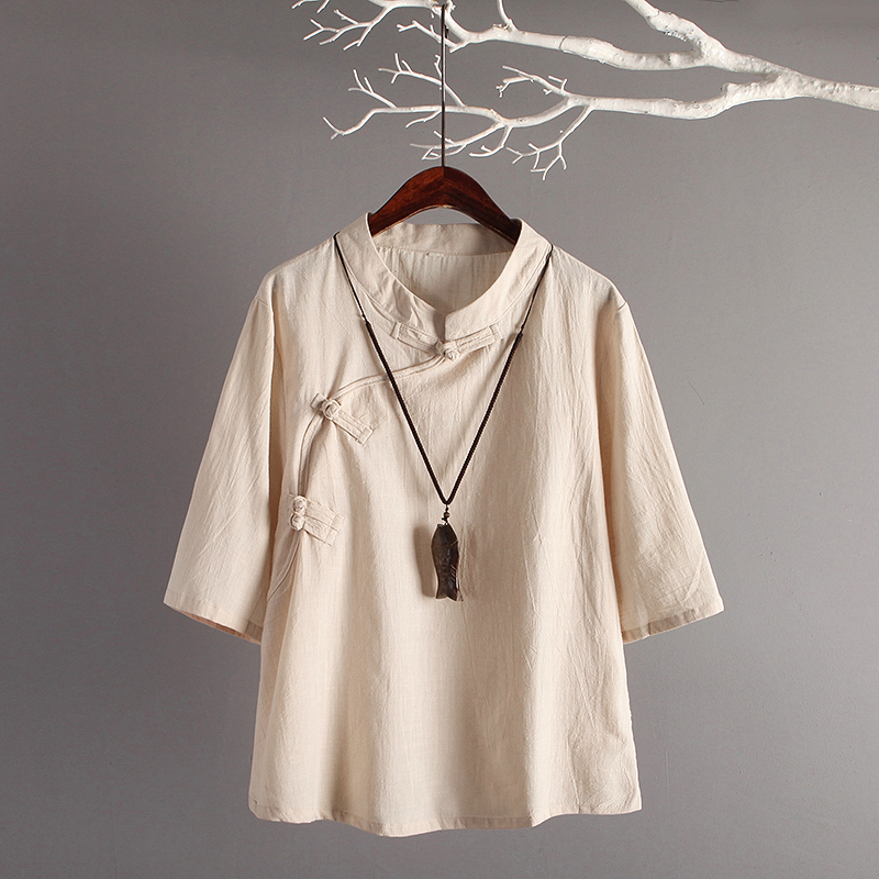 Retro konst bomull 3/4 ärmar lösa linne toppar kvinnor traditionell linne skjorta kinesisk stil kläder kvinnor: Beige