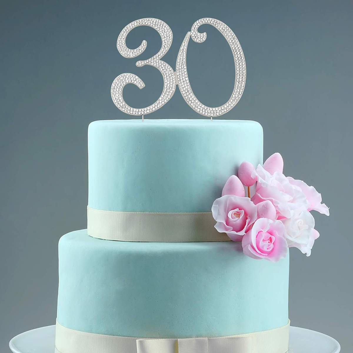 60 Sparkly Rhinestone Decoration Cake Topper - Premium Silver Metal - 60th Birthday or Anniversary Party Makes a Great Centerpie: DEEP BLUE