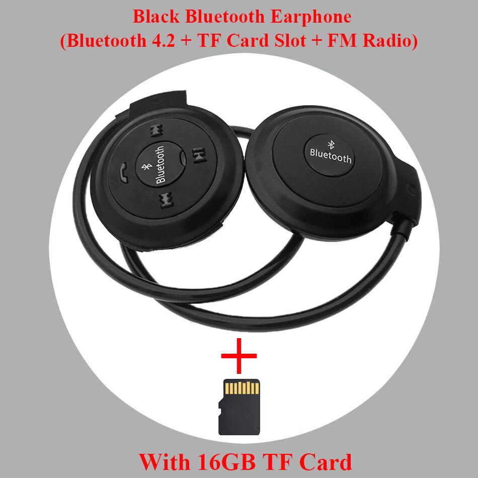 HOMEBARL 3D Mini 503 Mini503 Bluetooth 4.2 FM Headset Sport Wireless Headphones Music Stereo Earphones + 8GB 16GB Micro SD Card: Black Add 16GB Card