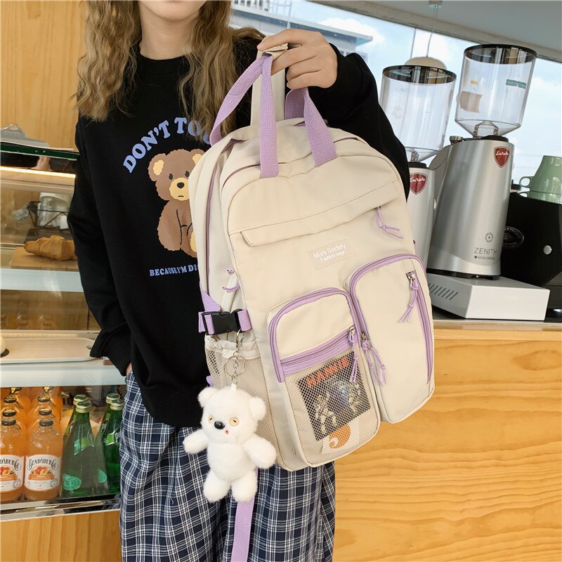 DCIMOR Large Capacity Double-deck Waterproof Nylon Women Backpack Multi-pocket Ring Buckle Portable College Girl's Schoolbag