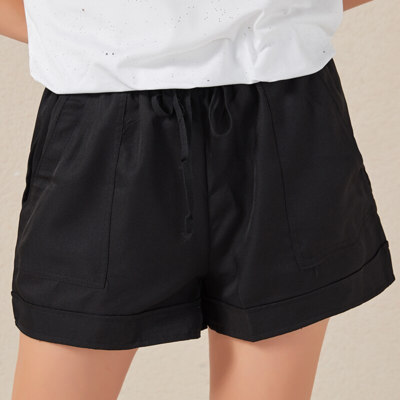 Running Fitness Shorts Vrouwen Hoge Taille Sport Oefening Lace Up Pocket Effen Kleur Handig Vrouwelijke Shorts: black / L