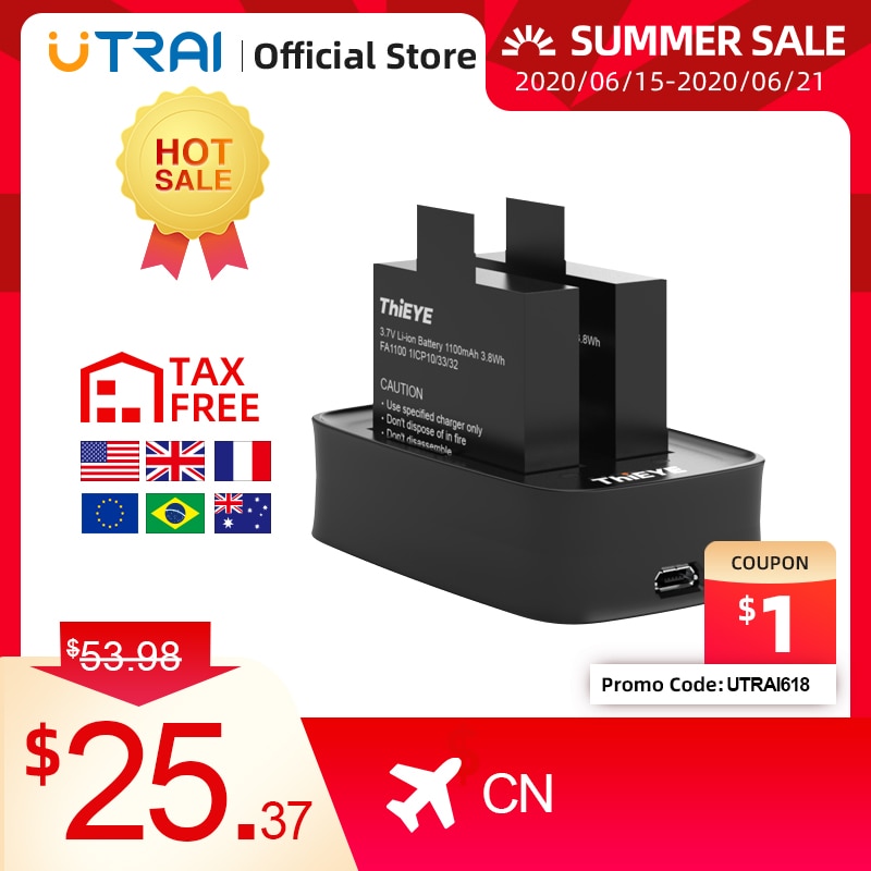 Cargador de Batería Dual + dos baterías recargables de 1100mAh para ThiEYE T5 Edge/T5 Pro/T5e/AKASO V50 Elite, accesorios de Cámara de Acción
