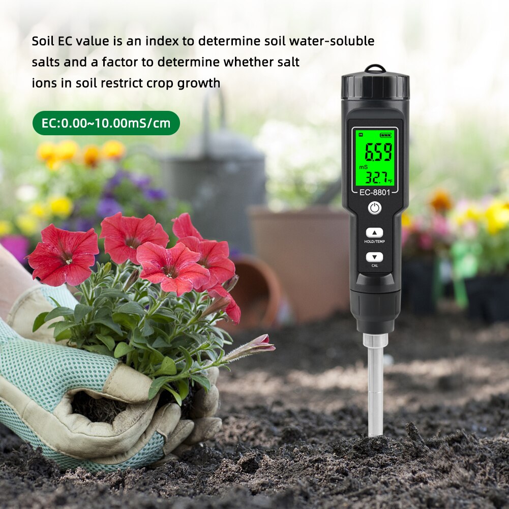 Soil EC Meter Temperature Tester Measurement Analysis Digital Backlit LCD Display Waterproof Instrument for Testing Planting