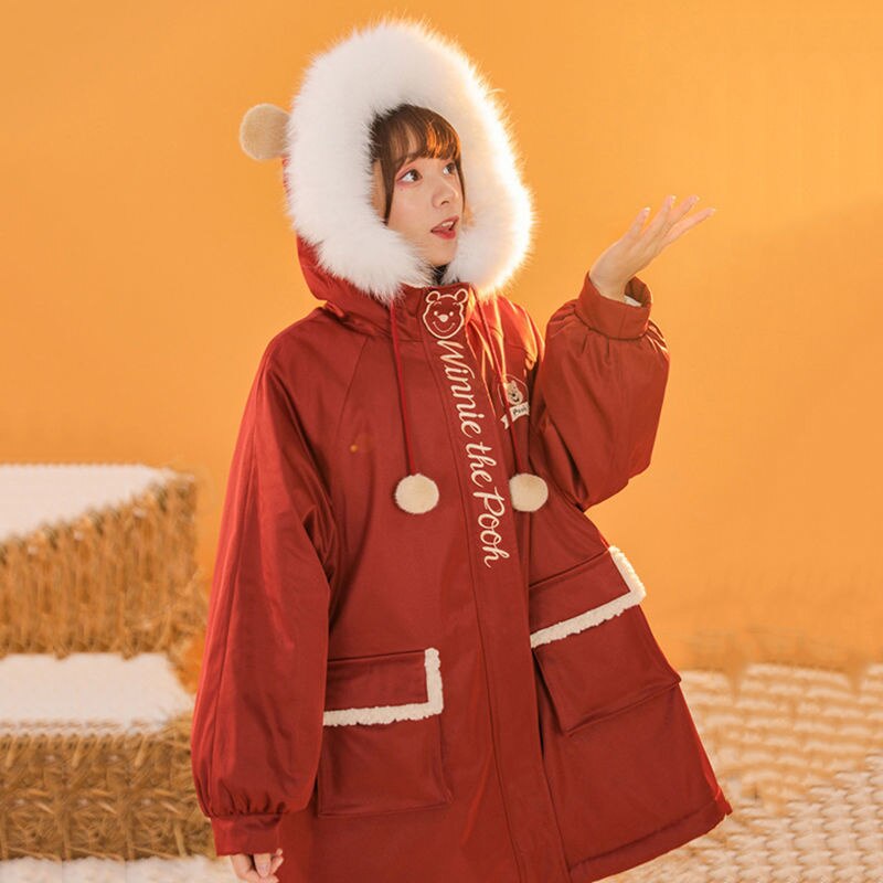 2021 grube ciepłe damskie zimowe ocieplane kurtki duże parki z futrzanym kołnierzem Kawaii luźne Harajuku dla kobiet ponadgabarytowe nadrukowana bluza z kapturem czerwone ubrania: XL62-70kg
