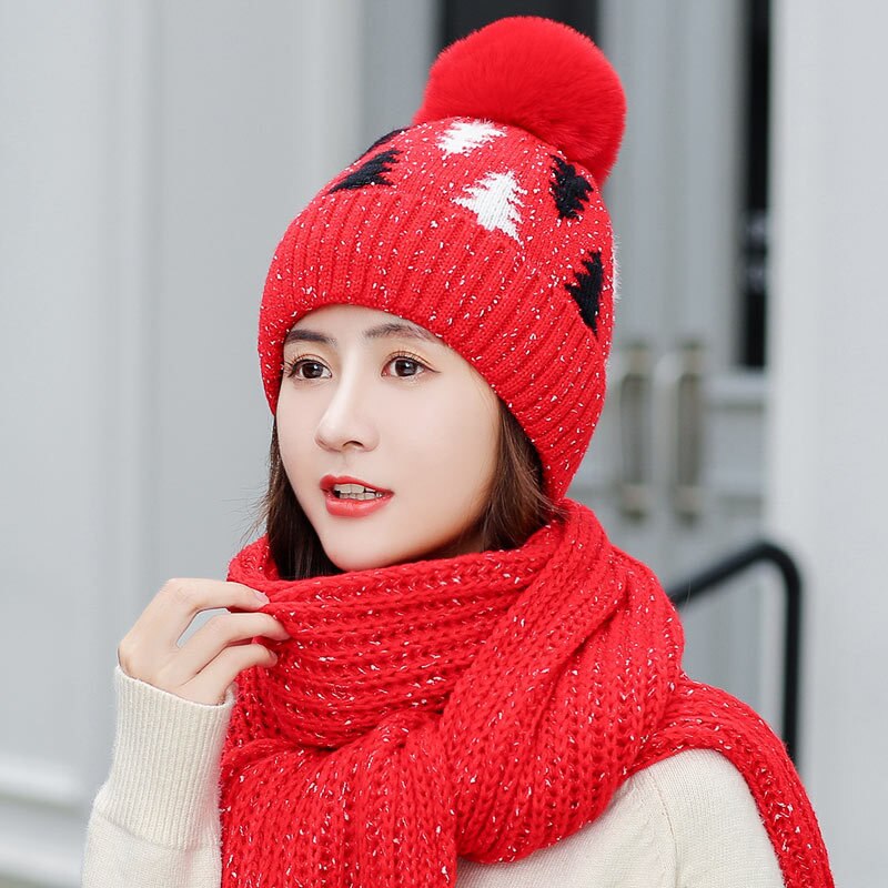 Dames winter sjaal muts set dames gebreide warme dikke roze mutsen mutsen met pompon dames effen kerstboom lange sjaals rood: Rood