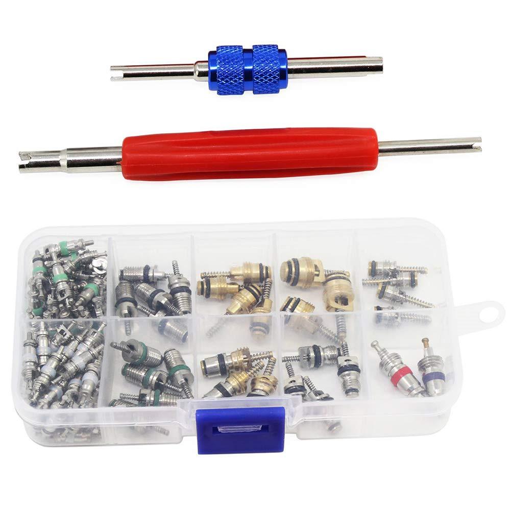 Car Air Conditioning Core Valves 102PcsR12 R134A Automotive A/C Valve Stem Cores w/Removal Tool for Car Air Contitionaing Repair